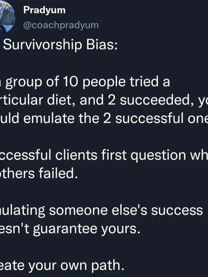 My most successful clients are the ones who master their mindset. They avoid common cognitive biases like the 'All-or-Nothing' mindset, 'Survivorship Bias', and the 'Sunk Cost Fallacy'. This series of posts breaks down the mental traps that derail progress and how to avoid them.