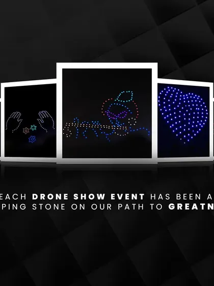Each drone show is a stepping stone on our path to greatness. This image collage displays a variety of our creative formations, from hearts and bows to divine symbols, representing our journey of innovation.