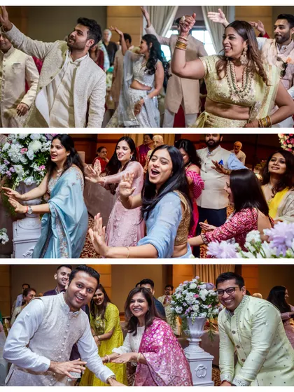 A collage of the dance floor in full swing. These images capture the energy of the guests dancing and celebrating with the couple.