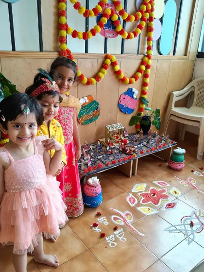 Little 'gopis' dressed in their festive best for Janmashtami. Dressing up is a fun way for children to engage with the stories and traditions of the festival.