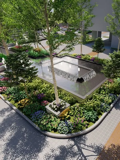 This conceptual view for a corporate campus shows a central water feature surrounded by dense, multi-layered planting. We design these spaces as focal points for large communities, blending the soothing qualities of water with vibrant horticulture.