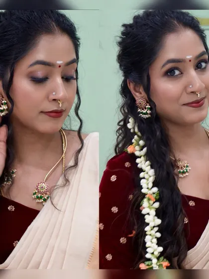 A collage showing both the open and closed eye makeup for my Onam look.