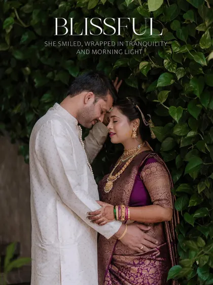 A blissful and intimate portrait of an expecting couple. We captured this quiet moment against a natural green backdrop, focusing on their gentle embrace and the peaceful expression of the mother-to-be.