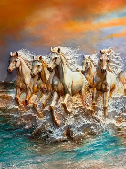 A closer look at the powerful motion of the horses. I use a combination of painting and sculpting to create a realistic sense of splashing water and flowing manes.