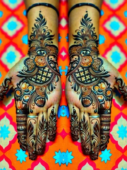 A vibrant and symmetrical Arabic design that uses bold strokes and color contrast to create a striking effect.