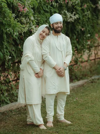 A serene portrait of a couple from a Sikh wedding, capturing their peaceful connection.