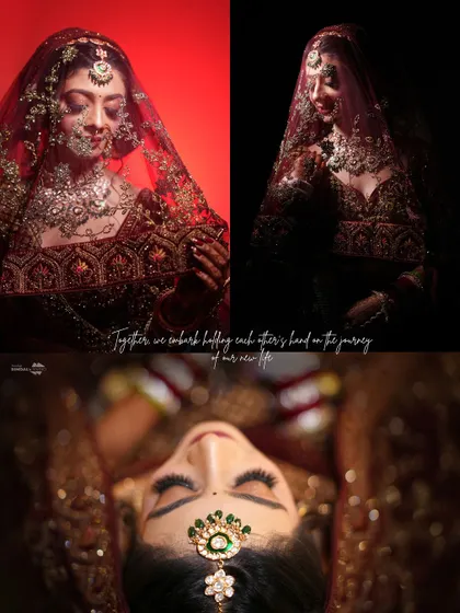 A collage of artistic and dramatic bridal portraits. The use of red light, shadows, and creative angles results in a series of stunning and modern images.