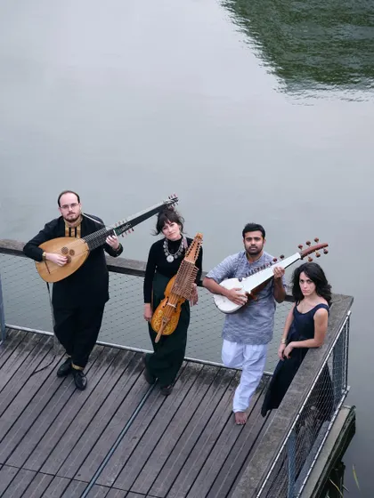 The artists of 'Sangam, Confluences' with their instruments. This image embodies our identity as a collective, bringing together musicians and unique instruments from different corners of the world to create a new, harmonious sound.