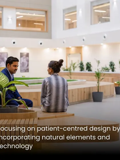 Our patient-centered design philosophy focuses on incorporating natural elements and technology. This outdoor seating area provides a space for quiet conversation and connection with nature, which is essential for holistic well-being.