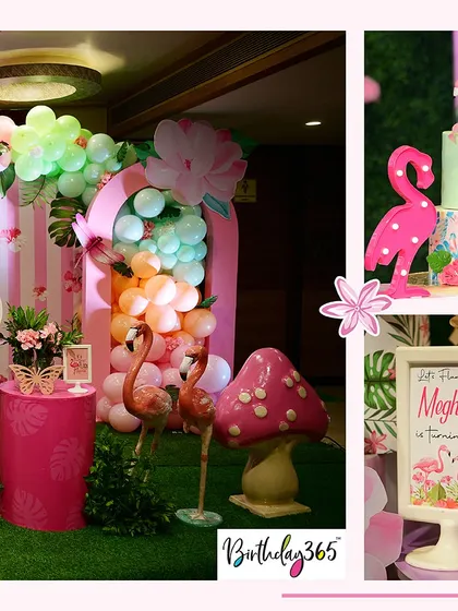 A vibrant flamingo-themed party for Meghan's 2nd birthday, complete with a custom cake, marquee letters, and fun props like a giant mushroom.