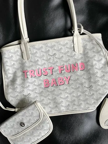 A top-down view of the "TRUST FUND BABY" Goyard purse.