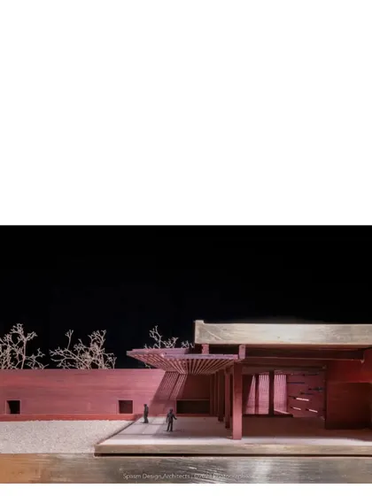 A model of the entrance to the Tiruppur house. We use these handcrafted objects to study every detail, from the proportions of a courtyard to the quality of light filtering through a screen.