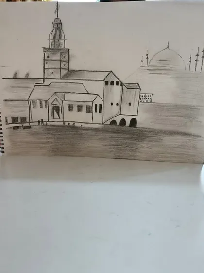 A wonderful architectural sketch by a 10-year-old student, combining different famous landmarks.