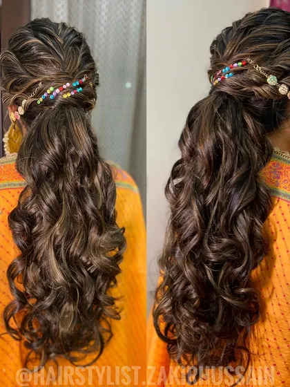 A collage showing the colorful Mehendi ponytail from different angles, highlighting the playful accessory and voluminous curls.