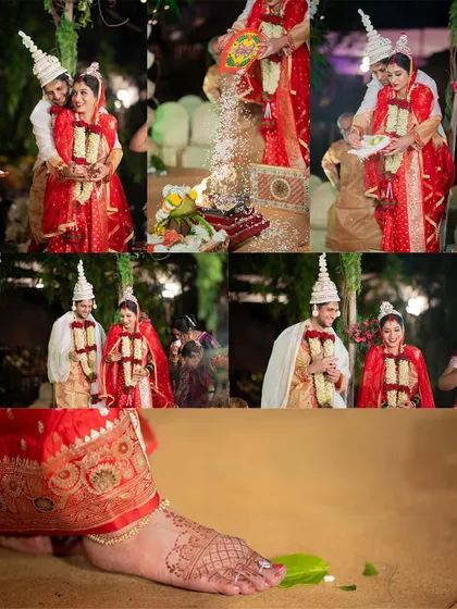 A collection of ritual shots from a Bengali wedding, including the 'kanjadnanli' and the bride stepping on a betel leaf.