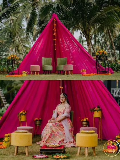 A two-panel shot showing the full view of the vibrant pink teepee seating area designed for the bride's Mehendi.
