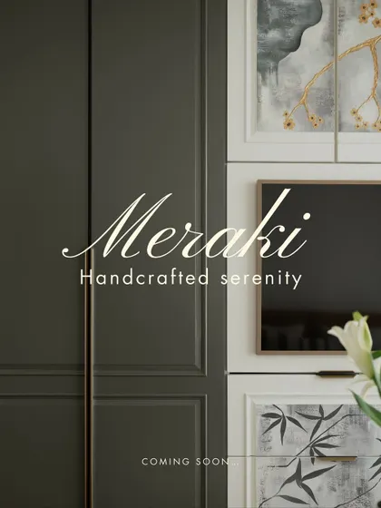 A teaser image for our "Meraki" project, with the words "Handcrafted serenity." The close-up on the custom cabinetry with hand-painted details hints at the level of craftsmanship and artistry within the home.
