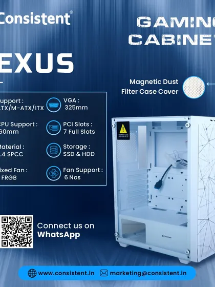 Our Nexus gaming cabinet in white features a clean aesthetic with a unique geometric front panel and a magnetic dust filter. It includes three fixed RGB fans and supports up to six, ensuring great airflow for your ATX, M-ATX, or ITX system.