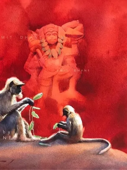 A sold watercolour piece celebrating Lord Hanuman. The composition aims to capture the essence of devotion and the spiritual connection between the deity and his followers.