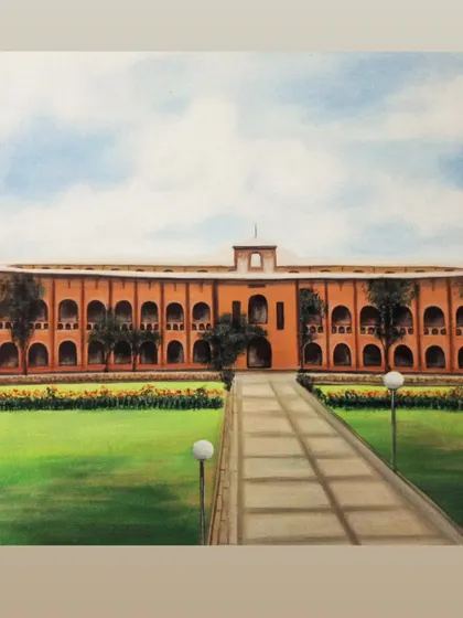 A detailed landscape painting of a beautiful brick building with a sprawling lawn. This piece showcases architectural painting, capturing the light and shadow on the facade and the neat garden path.