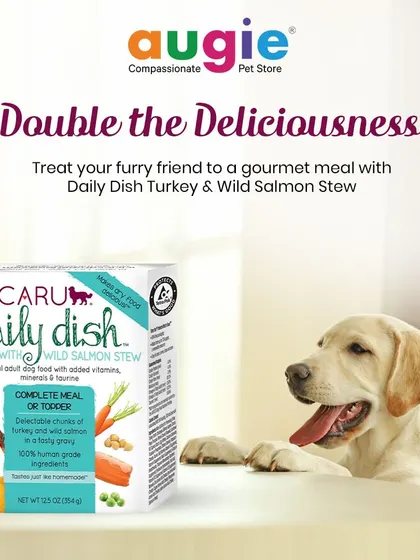 Treat your dog to a gourmet meal with Caru Daily Dish Turkey & Wild Salmon Stew. It's made with 100% human-grade ingredients and can be served as a complete meal or a tasty topper.