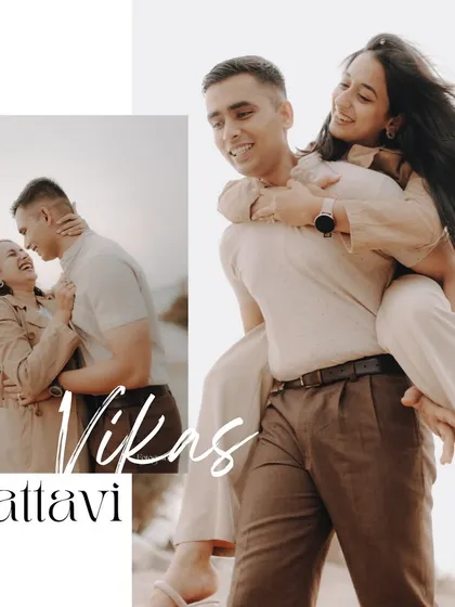 A collage of a couple's pre-wedding shoot, featuring a happy piggyback ride and other joyful, candid moments.