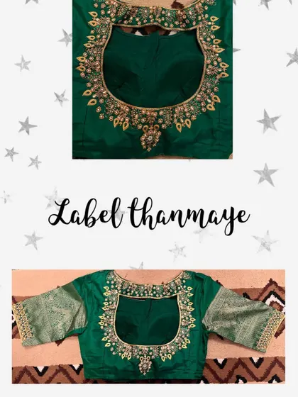 The finished green bridal blouse, featuring a beautiful cut-out back and detailed embroidery.