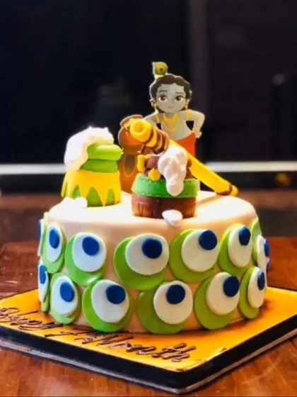 For Janmashtami, we created this special Kanha-themed cake. The design features peacock feather motifs made from fondant, celebrating the festive spirit.