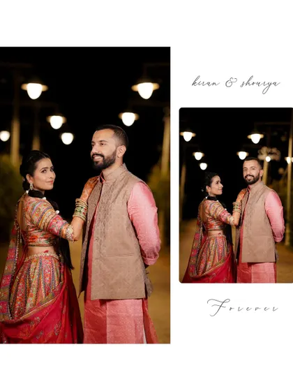 A collage of the couple's portraits, showcasing their elegant outfits and the romantic, softly lit environment of their evening celebration.