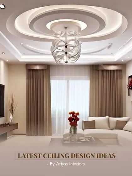 An example of a classic false ceiling design with multiple circular tiers and a central chandelier. This style adds depth and a sense of grandeur to a living room.