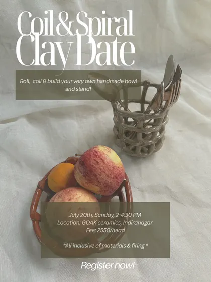 In our 'Coil & Spiral' clay date, you'll learn to roll and coil clay to build your own beautiful and functional bowl or stand. This is a classic hand-building technique with endless possibilities.
