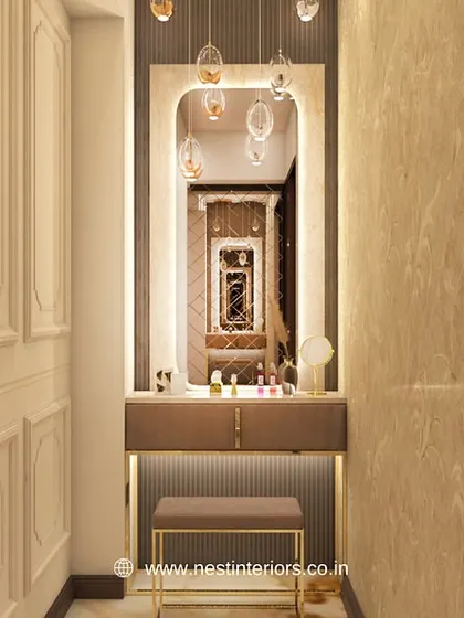 Even smaller spaces like a vanity or trial area are given full attention. This 3D concept shows a personal vanity station with integrated mirror lighting, elegant pendant lights, and premium finishes, providing a private and luxurious space for clients.