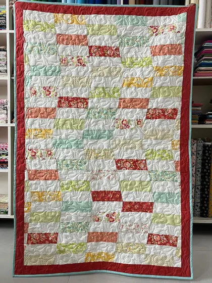 A lovely hand-pieced baby quilt with a simple "brick path" pattern in soft, cheerful colors.