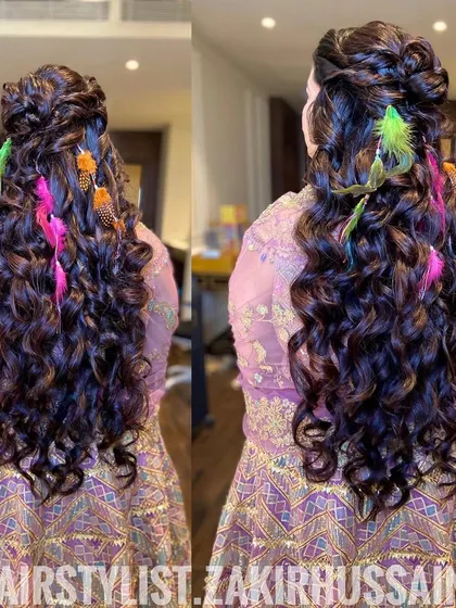 A collage showing the feather-adorned Mehendi hairstyle from different angles.