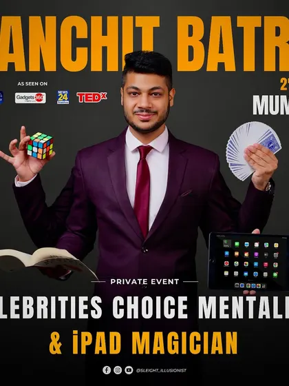 This poster for a private event in Mumbai showcases the variety of tools I use in my act, from books and cards to the iPad.