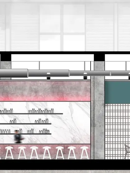 A detailed section view of the bar area at CHAMPON restaurant. This drawing specifies material finishes like the marble backsplash and defines the precise arrangement of shelving and seating.