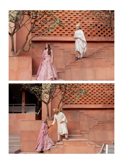 A two-part story of the groom descending the stairs to meet his bride. This sequence captures a modern-day fairytale moment, showcasing the beautiful architecture of the venue and the couple's connection.