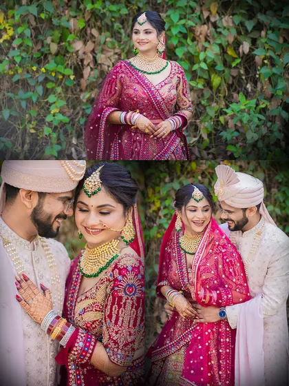 A collage of a beautiful bride in her red lehenga and the happy couple, capturing their loving interactions during their wedding portraits.