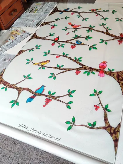 Another shot of the large glass painting during its creation, laid out on my workspace.