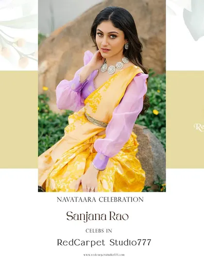 The elegant actress Sanjana Rao as part of 'Navataara', wearing a yellow silk saree paired with a modern lavender blouse with puffed organza sleeves.