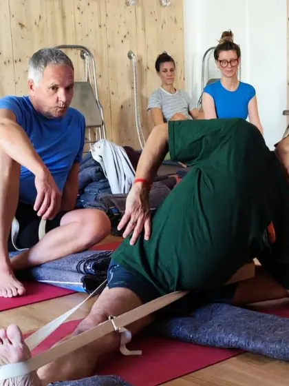 Additional images from my personal practice and teaching sessions, demonstrating a wide variety of asanas and the use of props. Each photo shows a moment of exploration in the journey of yoga.