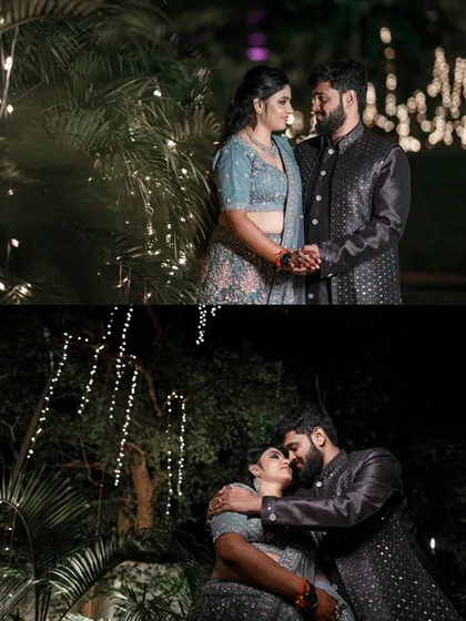 A collage of romantic night-time portraits, capturing both a loving gaze and an intimate embrace.