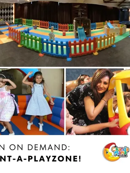 Fun on demand: rent-a-playzone. This collage shows kids jumping on a bouncy castle and a mother playing with her child in a ride-on car, showcasing the interactive fun I deliver.