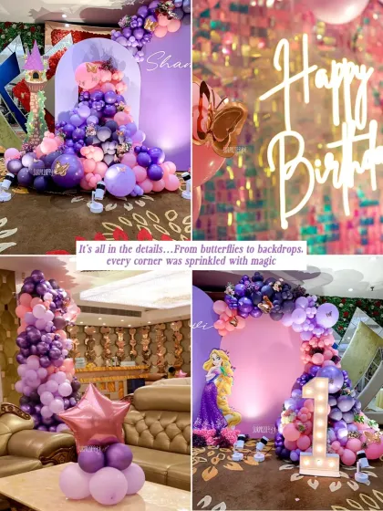 It's all in the details. This collage shows the magical touches from Shanvi's Rapunzel party, from the butterfly accents and neon sign to the castle props and marquee number.