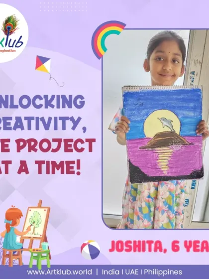 Joshita, age 6, unlocks her creativity with this imaginative dolphin landscape, showing how we encourage thinking outside the box.