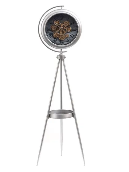 This luxury tripod standing clock is crafted from high-quality steel with a sleek metallic finish. The lower shelf adds functionality, making it a perfect accent piece for a modern or industrial-style living room.