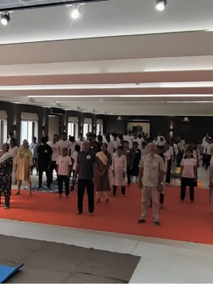 A wellness session in progress at a college, part of our International Yoga Day initiatives. We aim to reach as many young adults as possible to equip them with tools for a healthy life.