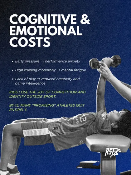 Early specialization has cognitive and emotional costs. This graphic details how early pressure leads to performance anxiety and mental fatigue, causing many promising young athletes to quit sports entirely by age 15.