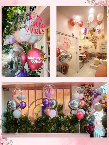 This collage shows the different elements of our decor for the House of Nails salon launch. From custom printed bubble balloons to elegant bouquets, we created a glamorous and celebratory vibe.