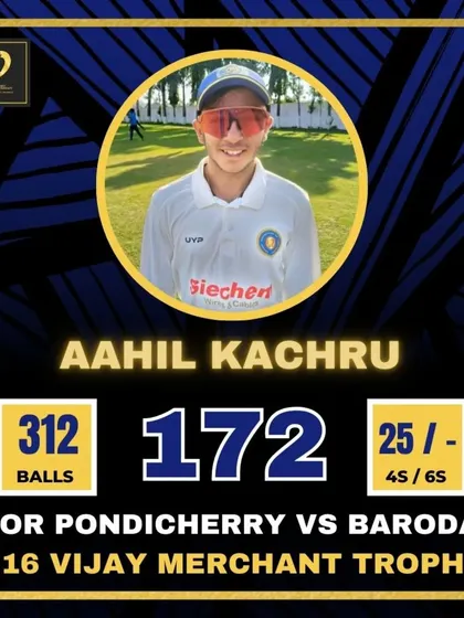 A marathon knock of 172 from Aahil Kachru for Pondicherry in the U16 Vijay Merchant Trophy.